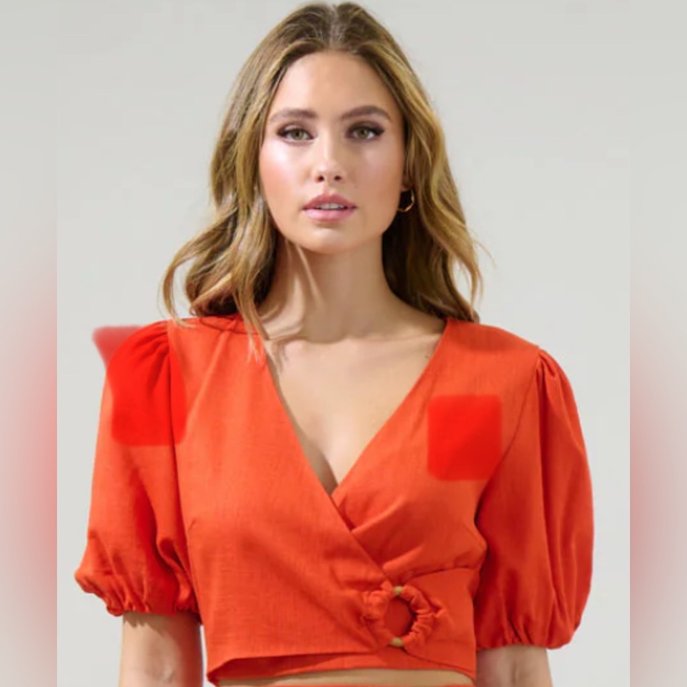 Sugarlips Orange Short Puff Sleeve Wrap Crop Top